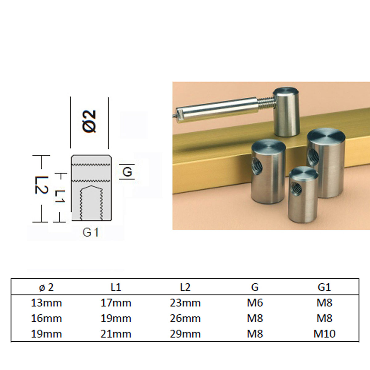 Kurze Halterung M8 auf M8, ø 16x26mm, Edelstahl 1.4401 Kurze Halterung M8 auf M8, ø 16x26mm, Edelstahl 1.4401